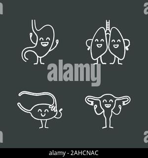 Sad human internal organs chalk icons set. Unhappy kidneys, urinary ...