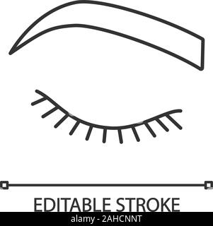 Closed woman eye linear icon. Thin line illustration. Before eyelash extension. Soft angled eyebrows. Brows shaping. Microblading. Contour symbol. Vec Stock Vector