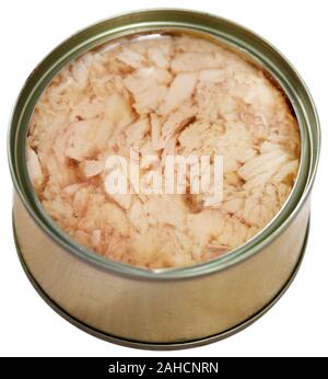 Open tin can of preserved fillet of bonito in oil. Isolated over white background Stock Photo