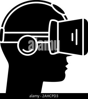 VR player side view glyph icon. Silhouette symbol. Virtual reality player. 3D VR mask, glasses, headset with built in headphones. Negative space. Vect Stock Vector