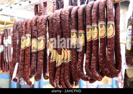 Sausages on display In Budapest Stock Photo