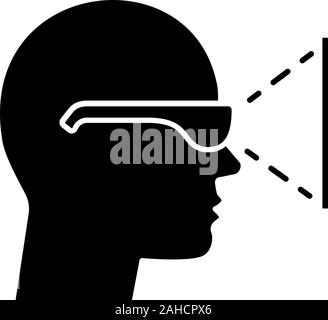 VR player side view glyph icon. Silhouette symbol. Virtual reality player. 3D glasses. Negative space. Vector isolated illustration Stock Vector