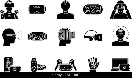 Virtual reality glyph icons set. Silhouette symbols. VR games, apps, headset, controllers, players. Virtual reality devices. Vector isolated illustrat Stock Vector
