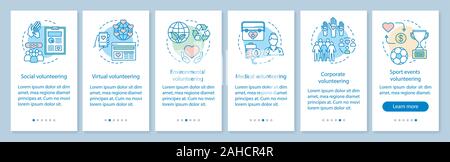 Volunteering types onboarding mobile app page screen vector template. Volunteer opportunities walkthrough website steps with linear illustrations. UX, Stock Vector