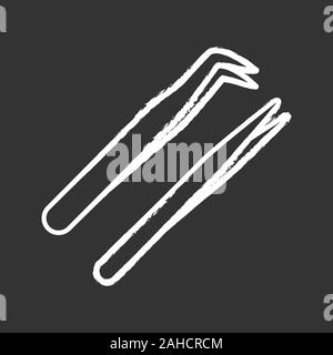 Eyelash extension tweezers chalk icon. Straight and curved pointed tweezers. Hair removal tools. Isolated vector chalkboard illustration Stock Vector