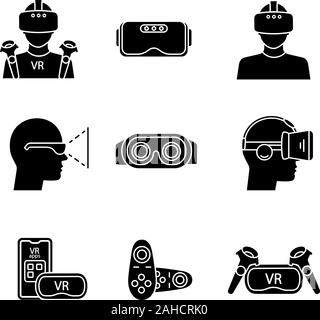 Virtual reality glyph icons set. Silhouette symbols. VR games players, headsets, controllers, smartphone apps. Virtual reality devices. Vector isolate Stock Vector