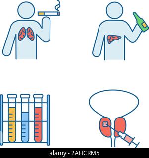 Men's health color icons set. Liver and lungs cancer, lab analysis, prostate biopsy. Smoking, alcoholism, blood test, prostate cancer test and diagnos Stock Vector