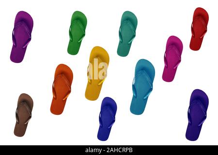Many multi-colored flip flops isolated on white background. Stock Photo