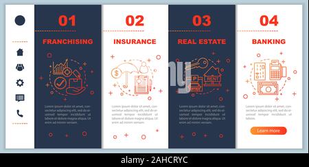 Insurance onboarding mobile app page screen vector template. Investment. Finances. Banking, franchising walkthrough website steps with linear illustra Stock Vector