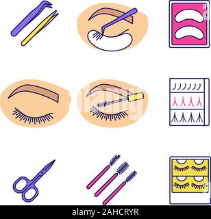 Eyelash extension color icons set. Tweezers, disposable eyeshadow pads, closed woman's eye, mascara wands, scissors, eyelash extension packaging. Isol Stock Vector