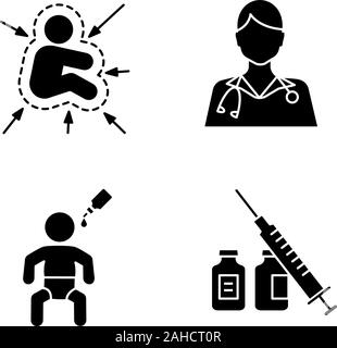 Kids vaccination and immunization glyph icons set. Silhouette symbols. Pediatrics. Kid's immune system, pediatrician, oral vaccine, syringe and vials. Stock Vector