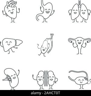 Smiling human internal organs characters linear icons set. Thin line contour symbols. Healthy digestive, respiratory, reproductive systems. Isolated v Stock Vector