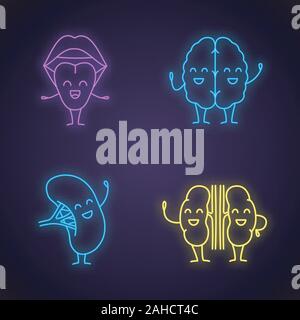 Smiling human internal organs characters neon light icons set. Glowing signs. Happy tongue, brain, spleen, kidneys. Healthy oral cavity, nervous, urin Stock Vector