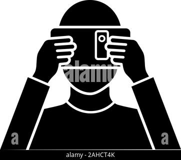 VR cardboard glyph icon. Silhouette symbol. Virtual reality platform. Hand made VR headset with smartphone. Virtual reality player. Negative space. Ve Stock Vector