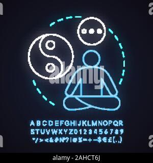 Calmness neon light concept icon. Wellness idea. Meditation, yoga. Glowing sign with alphabet, numbers and symbols. Vector isolated illustration Stock Vector