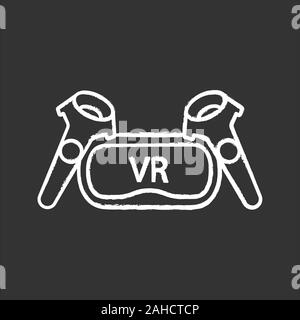 VR set chalk icon. Virtual reality headset and controllers. VR glasses with remote control, gamepad. Isolated vector chalkboard illustration Stock Vector