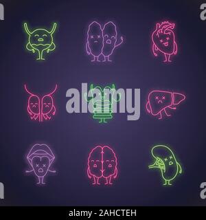 Sad human internal organs neon light icons set. Unhappy heart, stomach ...