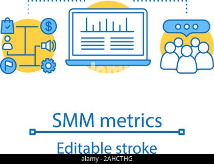 SMM metrics and tools concept icon. Social media analytics. Audience growth rate. idea thin line illustration. Vector isolated outline drawing. Editab Stock Vector