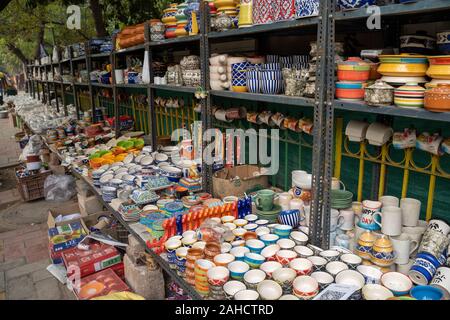 New Delhi, India - December 28, 2019: Street market filled with all types of pottery, ceramics, planters and home goods in the Saket neighborhood in S Stock Photo