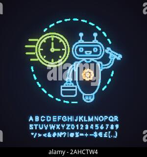 Problem fixing neon light concept icon. Customer support idea. Client service chatbot. Virtual assistant with spanner. Glowing sign with alphabet, num Stock Vector