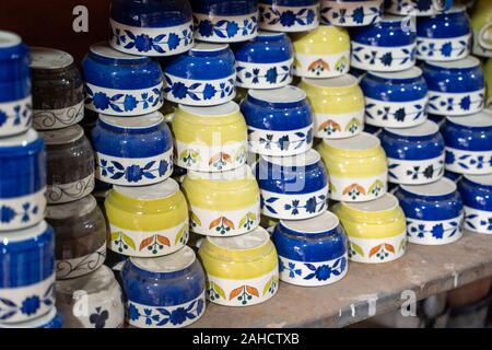 Ceramic pottery cups (selective focus) on sale at a handicraft market in New Delhi India Stock Photo