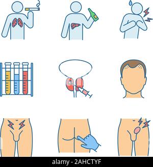 Men's health color icons set. Lungs, liver, prostate cancer, heart attack, lab analysis, prostate biopsy, hair loss, rectal exam, inguinal hernia. Iso Stock Vector