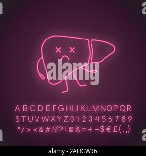 Dead liver emoji neon light icon. Hepatitis, cirrhosis. Unhealthy digestive gland. Liver diseases. Glowing sign with alphabet, numbers and symbols. Ve Stock Vector