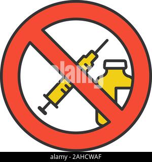 Drugs and pills prohibition sign color icon. No syringe sticker. Injection forbidden. Anti vaccination. Stop vaccine. Isolated vector illustration Stock Vector