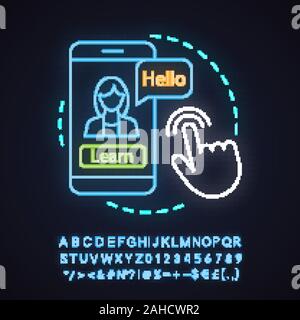 Language learning app neon light concept icon. Online courses idea. Spell check. Speaking practice with smartphone app. Glowing sign with alphabet, nu Stock Vector