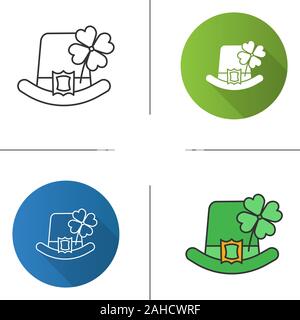 Saint Patrick's Day icon. March 17th. Leprechaun hat with four leaf clover. Flat design, linear and color styles. Isolated vector illustrations Stock Vector