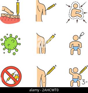 Vaccination and immunization color icons set. Subcutaneous injection, vaccination to kids and adults, influenza virus, vaccine allergy, drugs prohibit Stock Vector