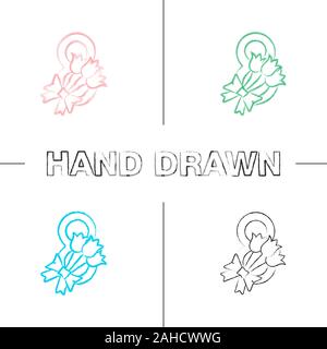 International Women's Day hand drawn icons set. Flowers bouquet and number 8. March 8th. Color brush stroke. Isolated vector sketchy illustrations Stock Vector