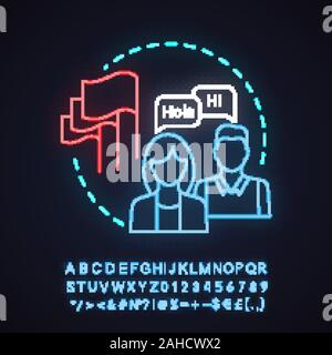 Practice with native speaker neon light concept icon. Interpretation. Lessons with tutor. Foreign language learning idea. Glowing sign with alphabet, Stock Vector