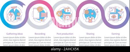 Vlogging vector infographic template. Video recording, post production, sharing, earning. Streaming. Data visualization with five steps and options. P Stock Vector