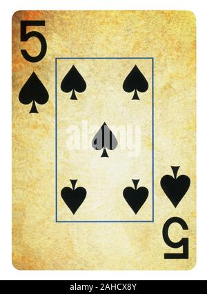 Five of Spades Vintage playing card - isolated on white (clipping path included) Stock Photo