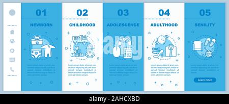 Human lifecycle onboarding mobile web pages vector template. Responsive smartphone interface idea with linear illustrations. Adolescence, newborn webp Stock Vector
