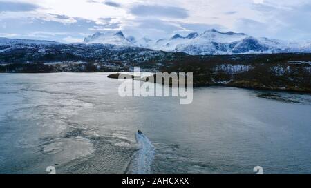 Saltstraumen sea whirlpools natural phenomenon landmarks in Norway aerial view Stock Photo