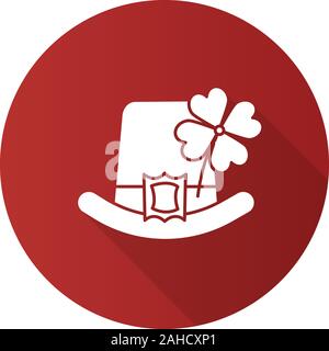 Saint Patrick's Day flat design long shadow glyph icon. March 17th. Leprechaun hat with four leaf clover. Vector silhouette illustration Stock Vector