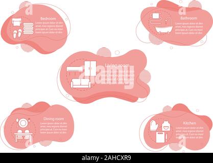 Furniture store concept illustrations. Flat or house rooms infographic template. Fluid elements with text and linear icons. Interior design wavy bubbl Stock Vector