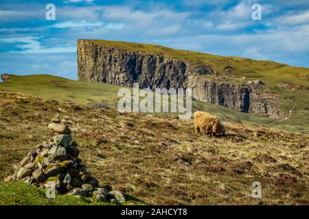 Milestone, sheep tourists hikes in Sorvagsvatn lake over, Faroe Islands Stock Photo