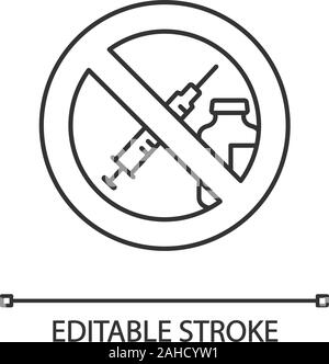Forbidden sign with pills linear icon. Thin line illustration. No drugs ...