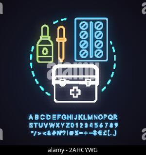First aid kit neon light concept icon. Medical treatment idea. Medications. Drops, dropper and pills blister. Glowing sign with alphabet, numbers and Stock Vector