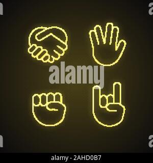 Hand gesture emojis neon light icons set. Handshake, vulcan salute, protest, support, rock on gesturing. Glowing signs. Vector isolated illustrations Stock Vector