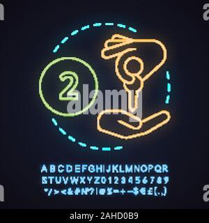 Accommodation booking neon light concept icon. Apartment rental idea. Residence for rent. Division of property. Glowing sign with alphabet, numbers an Stock Vector