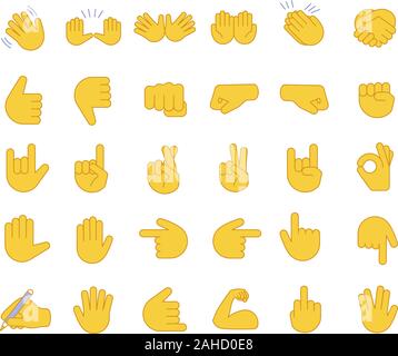 Hand gesture emojis color icons set. Begging, applause, handshake, left and  right fists, peace, rock on, OK gesturing. Shaking, cupped, clapping hands.  Isolated vector illustrations 8342088 Vector Art at Vecteezy