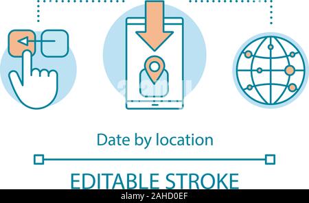 Date by location concept icon. Online dating app, website search feature idea thin line illustration. Navigation map with pinpoint. Global love search Stock Vector