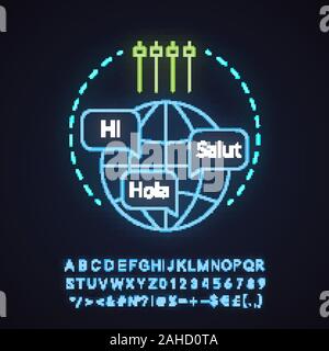 Language practice neon light icon. Interpretation and translation ...