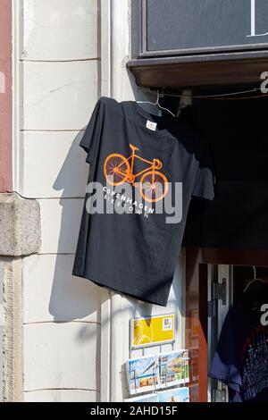 "Copenhagen Biketown" T-shirt, black with orange bicycle design Stock Photo
