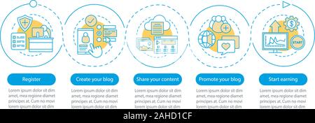 Blogging vector infographic template. Blog creation, content sharing, money earning. Data visualization with five steps and options. Process timeline Stock Vector