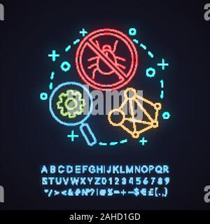 Debugging neon light concept icon. Computer virus idea. Software problems, errors fixing. Programming. Bugs report. Glowing sign with alphabet, number Stock Vector
